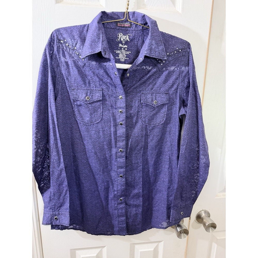 Rock 47 Wrangler‎ Womens Western Shirt Snaps 2 Pockets Size L Purple/black